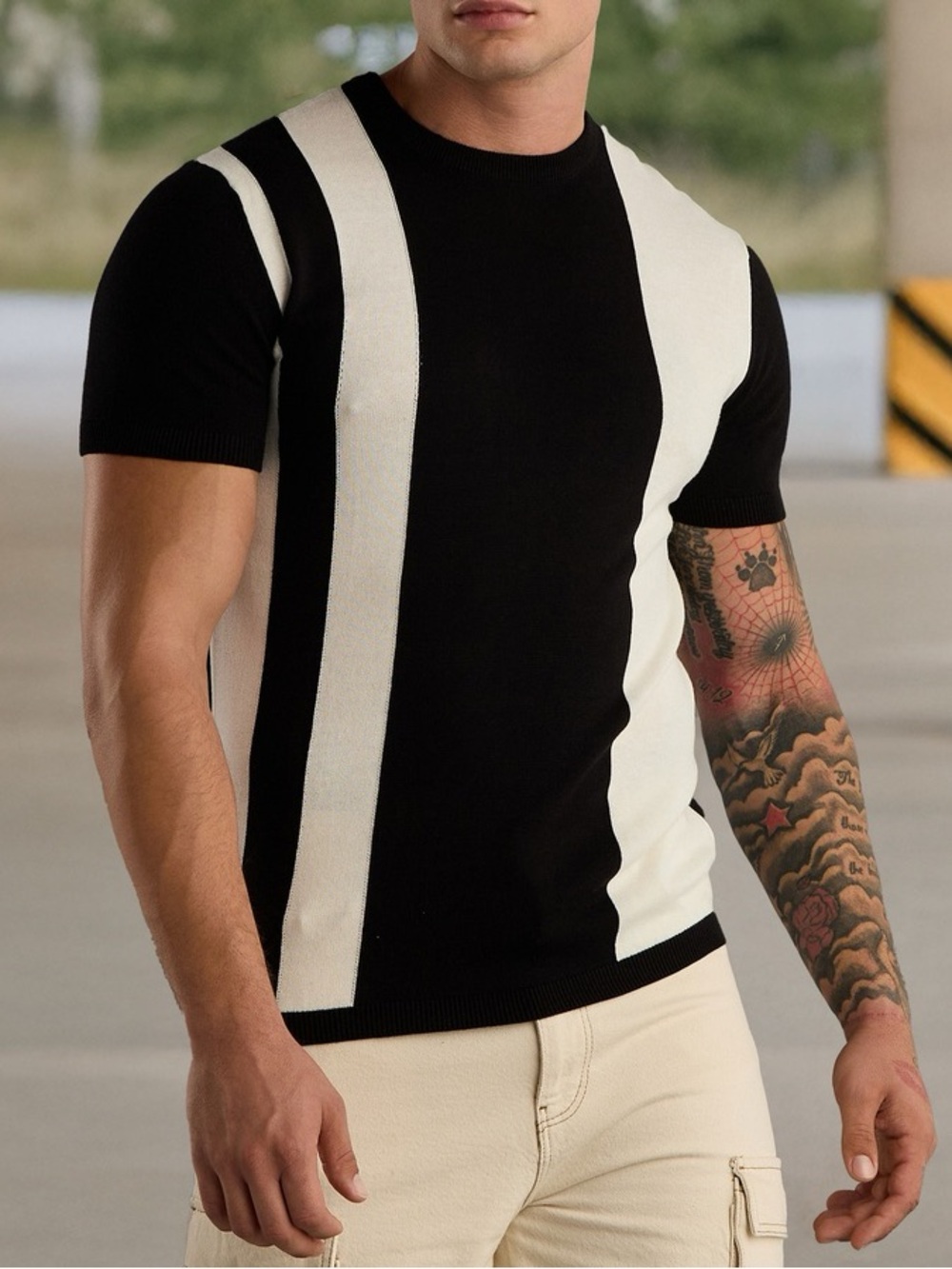 Pull&Bear Black and Cream Stripe Color Block Light Weight Knit Short Sleeve Tee